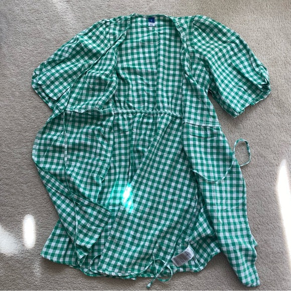 LINEN BLEND GINGHAM PUFF SLEEVE WRAP DRESS - Picture 3 of 6